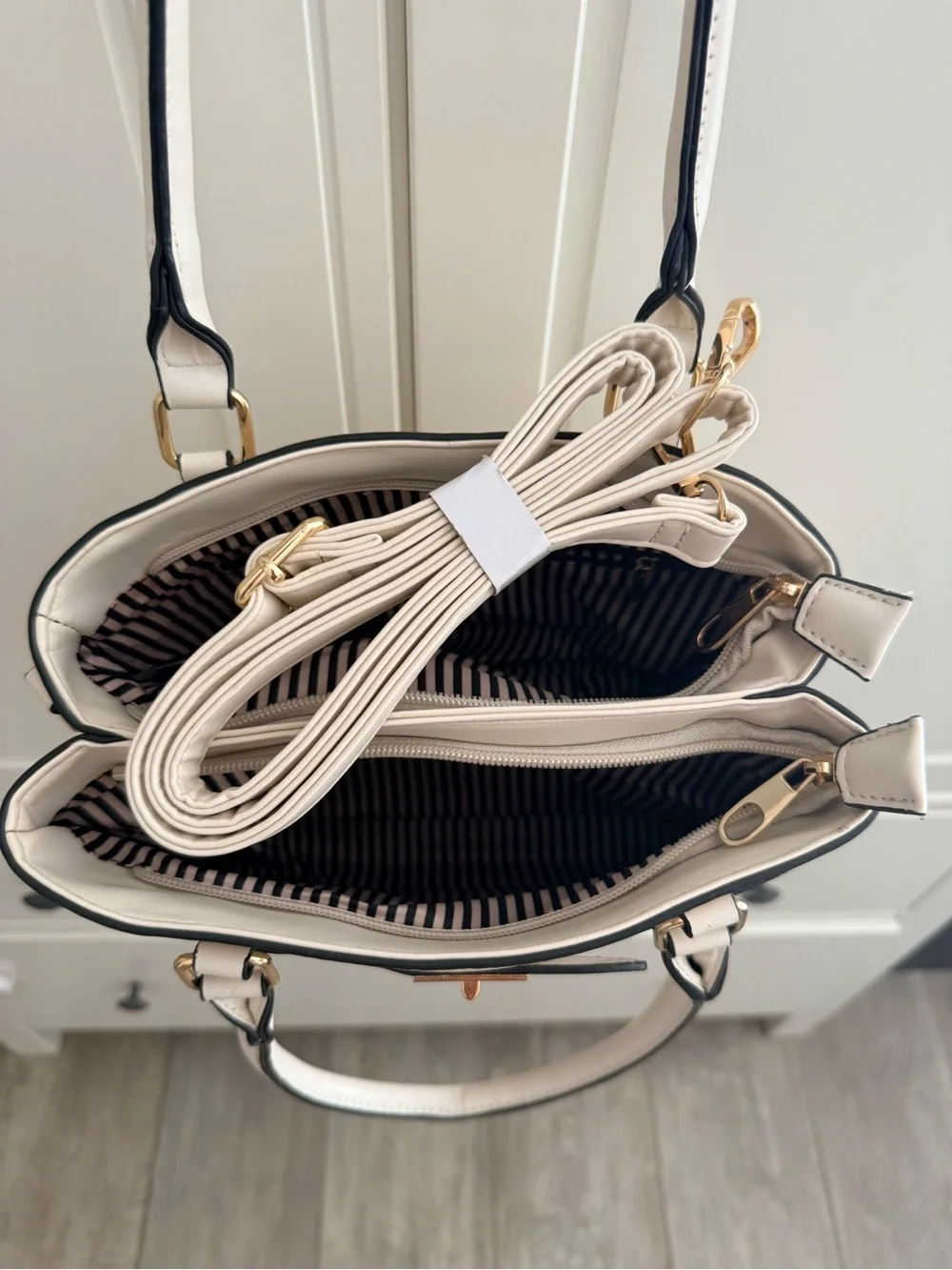 Structured Cream Satchel Handbag with Gold-Tone Accent